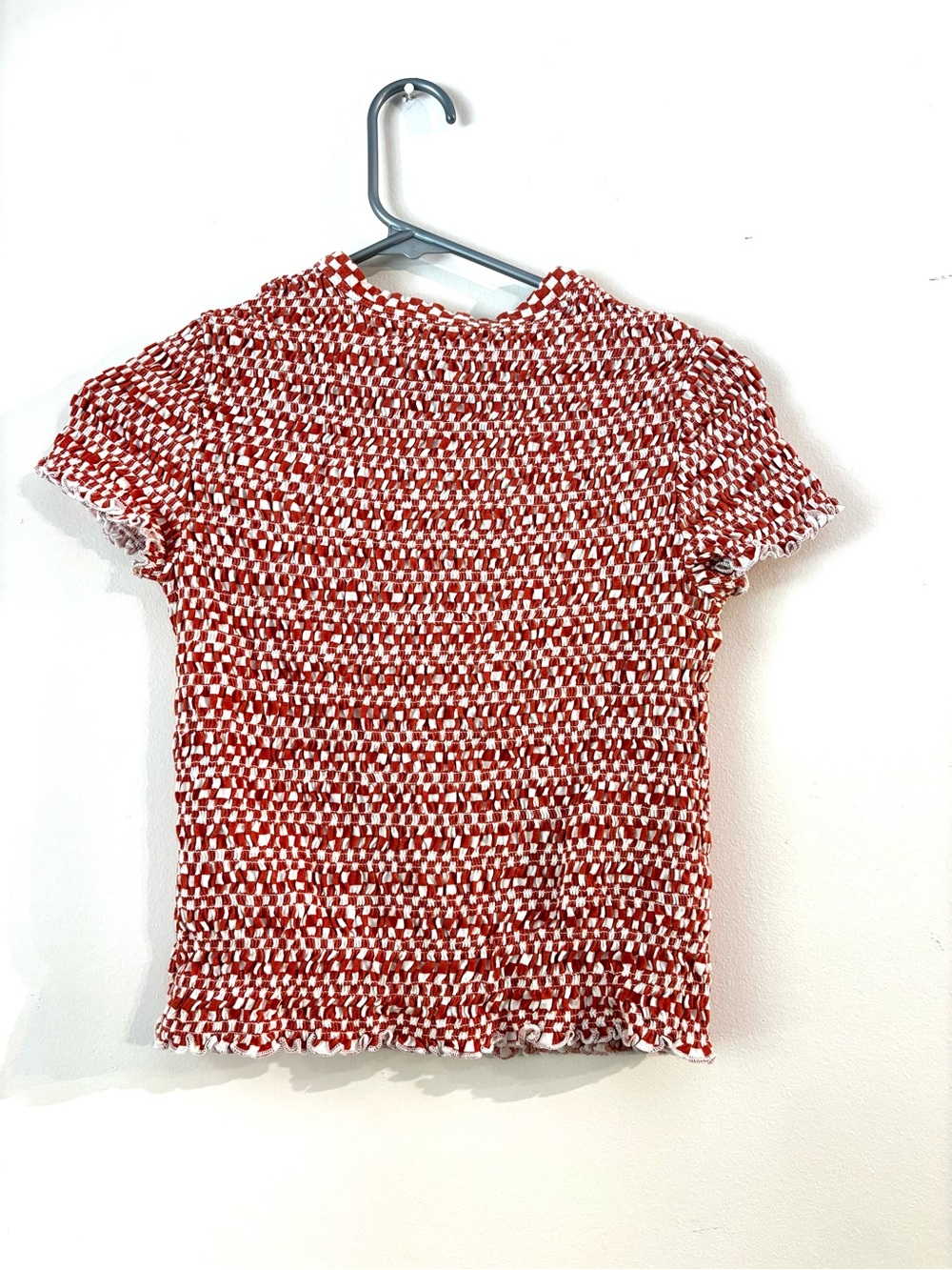American Eagle Women Rust Checkered Smocked Hey Baby Tee M - Picture 7 of 9